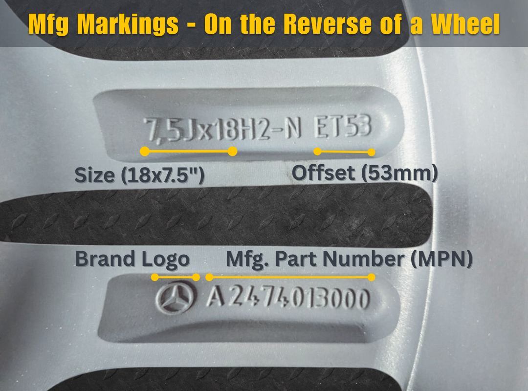 Mercedes rim with markings showing the OEM wheel size  
